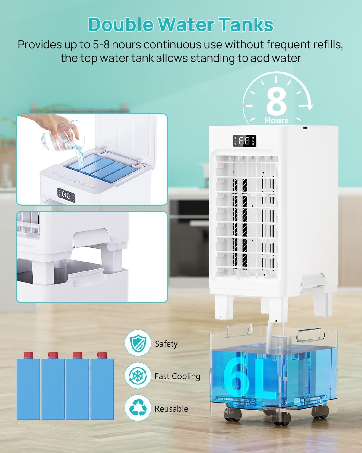 Mobiele airconditioner, 4-in-1, luchtkoeler met 3 snelheden, 4 modi, timer 1-12 uur, tank 6 l, 4 ijsblokjes, afstandsbediening inbegrepen, voor slaapkamer, woonkamer, kantoor en huis