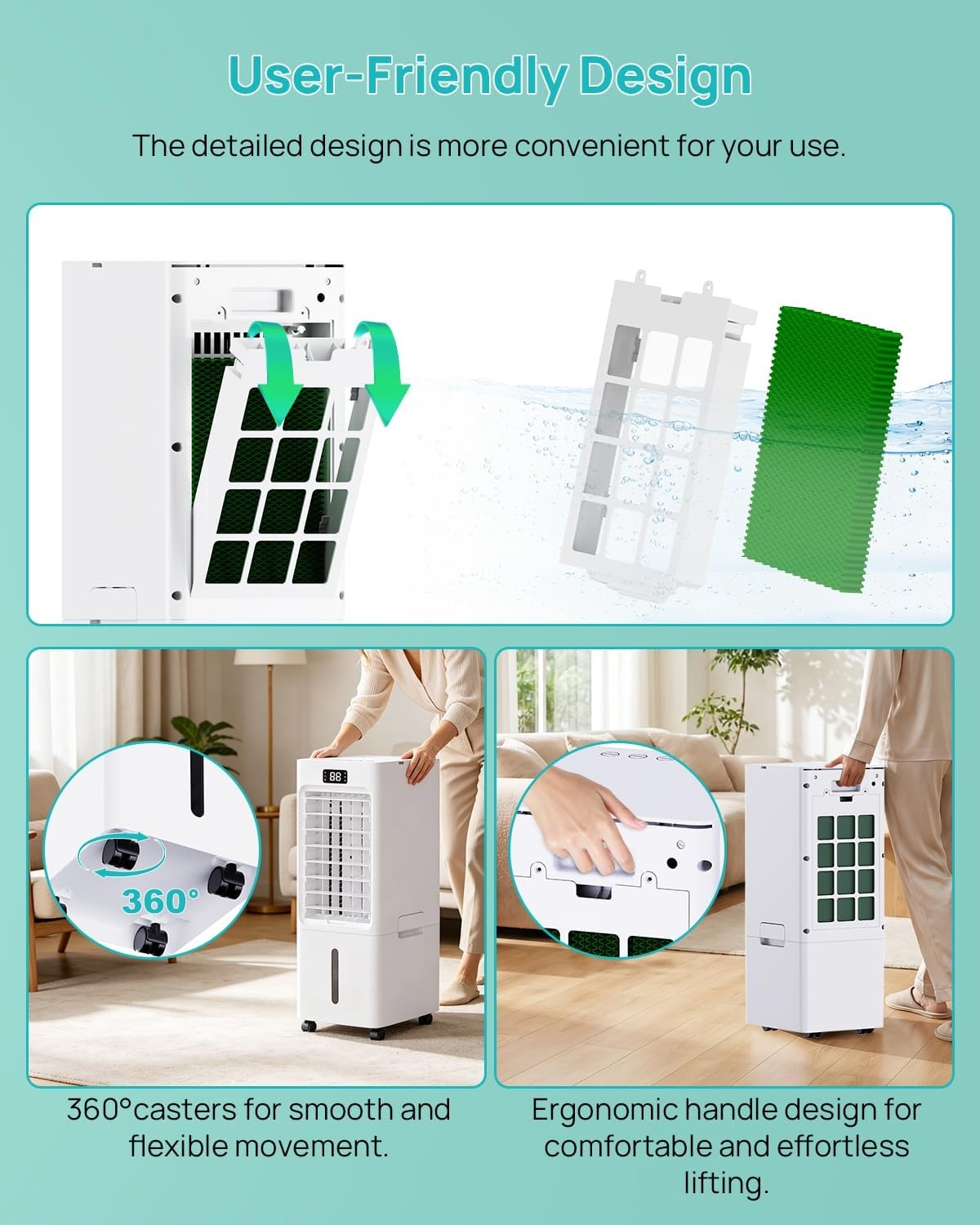Mobiele airconditioner, 4-in-1, luchtkoeler met 3 snelheden, 4 modi, timer 1-12 uur, tank 6 l, 4 ijsblokjes, afstandsbediening inbegrepen, voor slaapkamer, woonkamer, kantoor en huis