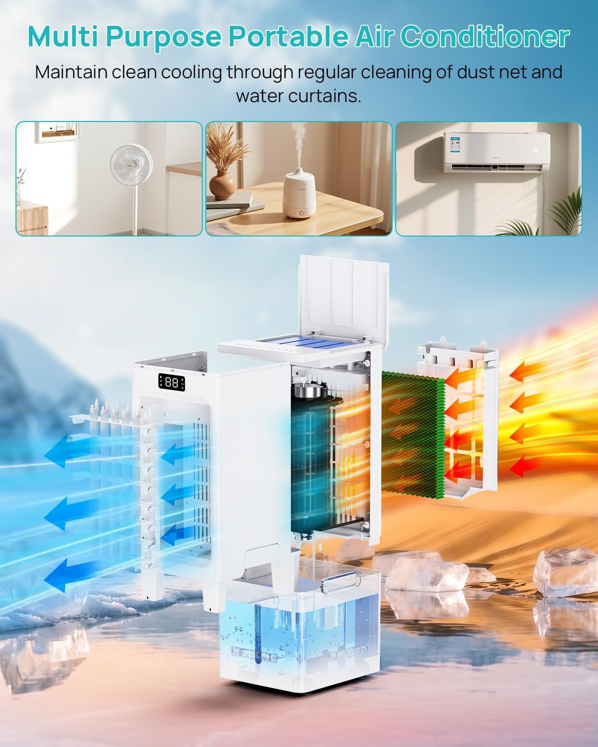Mobiele airconditioner, 4-in-1, luchtkoeler met 3 snelheden, 4 modi, timer 1-12 uur, tank 6 l, 4 ijsblokjes, afstandsbediening inbegrepen, voor slaapkamer, woonkamer, kantoor en huis