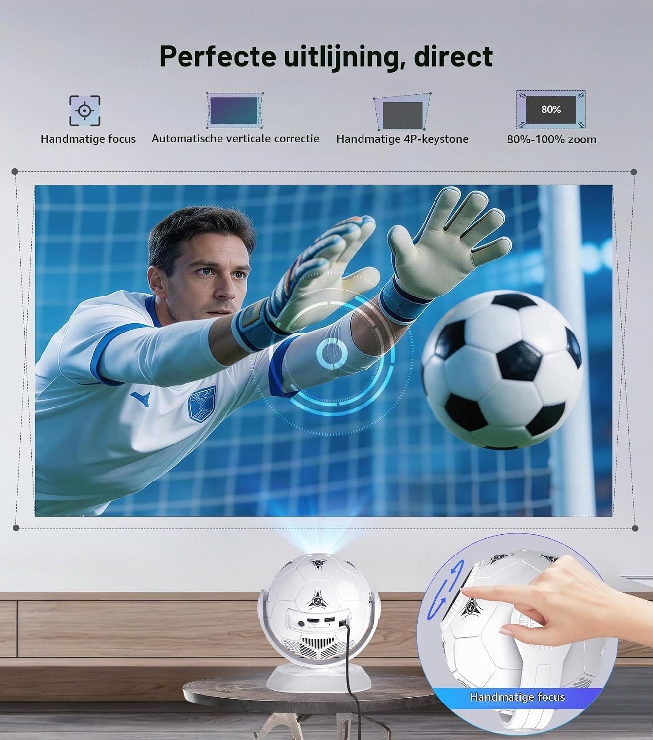 Magcubic HY300F Mini-beamerprojector, 4K ondersteuning, 360° voetbalmotief, kleine thuisbioscoop, outdoor, wifi 6, bluetooth 5.4, autokeystone, draagbare projector, korte afstand voor mobiele