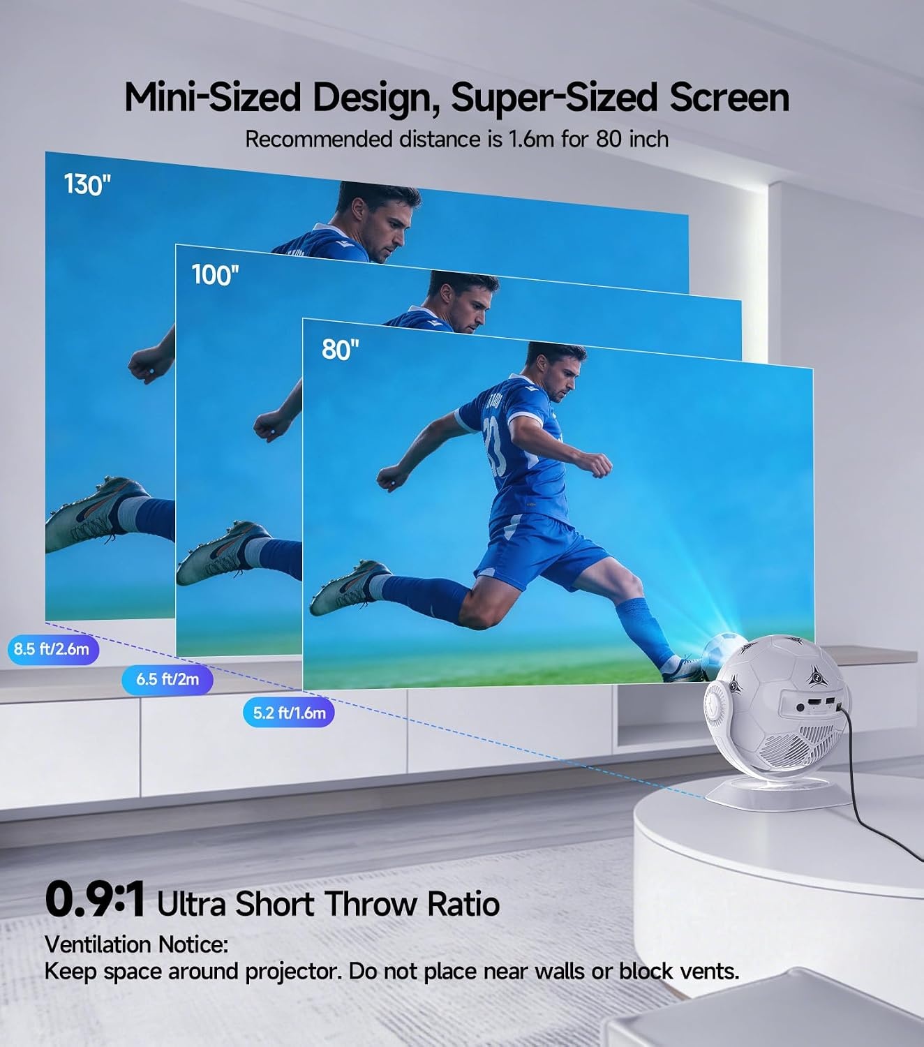 Magcubic HY300F Mini-beamerprojector, 4K ondersteuning, 360° voetbalmotief, kleine thuisbioscoop, outdoor, wifi 6, bluetooth 5.4, autokeystone, draagbare projector, korte afstand voor mobiele