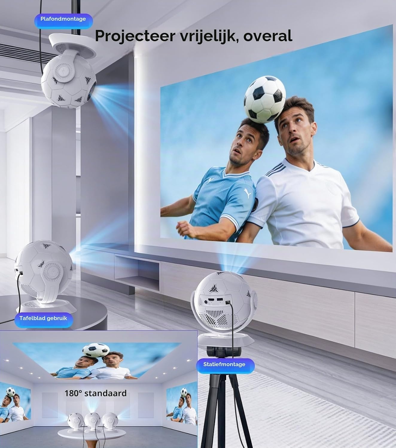 Magcubic HY300F Mini-beamerprojector, 4K ondersteuning, 360° voetbalmotief, kleine thuisbioscoop, outdoor, wifi 6, bluetooth 5.4, autokeystone, draagbare projector, korte afstand voor mobiele