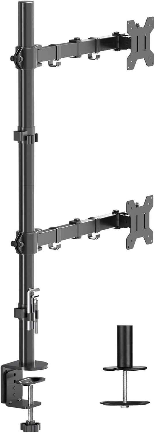 Suptek Dubbele monitorstandaard - 80 cm paal hoge monitorarm bureaubevestiging voor 13-32 inch schermen, maximale belasting 10 kg per arm MD6821DB