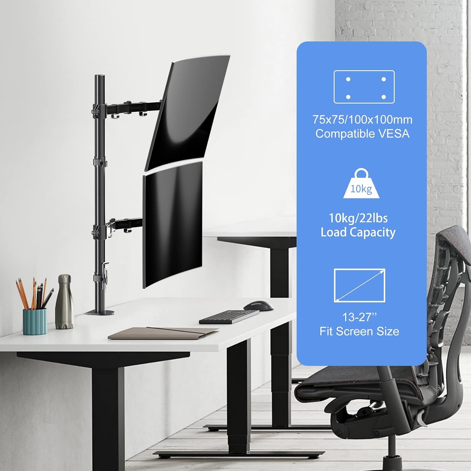 Suptek Dubbele monitorstandaard - 80 cm paal hoge monitorarm bureaubevestiging voor 13-32 inch schermen, maximale belasting 10 kg per arm MD6821DB