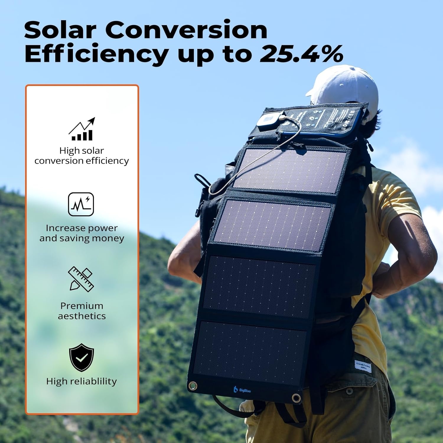 BigBlue 28W Solar Charger Opvouwbaar met Digitale Ammeter, Outdoor Zonne-energie Oplader Met Zonnepanelen Dubbele USB-poorten (5V/4A Algemeen) voor iPhone iPad Samsung Galaxy LG mobiele - Maat 28W