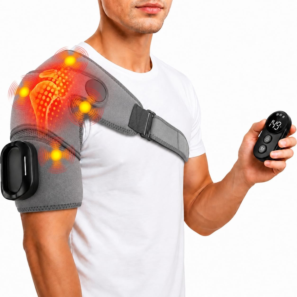 Schoudermassageapparaat, 3-in-1 massageapparaat met magnetische bediening, schouderbandage met 5 warmtestanden en vibratie, 5000 mAh accu, 6600 rpm motor, schoudermassageapparaat voor thuis en op