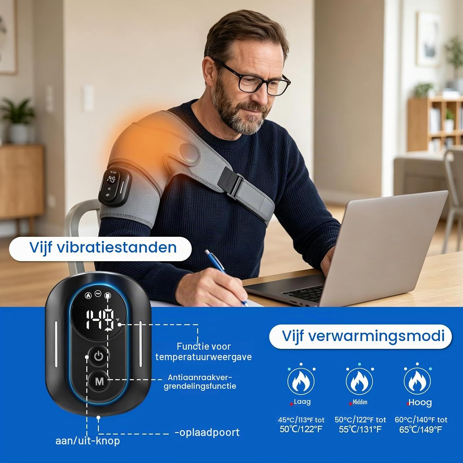 Schoudermassageapparaat, 3-in-1 massageapparaat met magnetische bediening, schouderbandage met 5 warmtestanden en vibratie, 5000 mAh accu, 6600 rpm motor, schoudermassageapparaat voor thuis en op