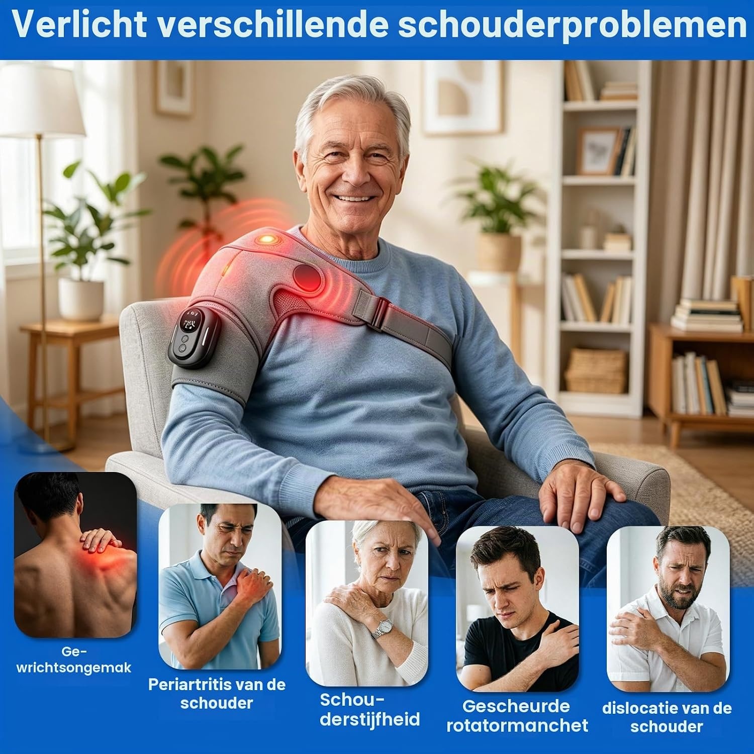 Schoudermassageapparaat, 3-in-1 massageapparaat met magnetische bediening, schouderbandage met 5 warmtestanden en vibratie, 5000 mAh accu, 6600 rpm motor, schoudermassageapparaat voor thuis en op