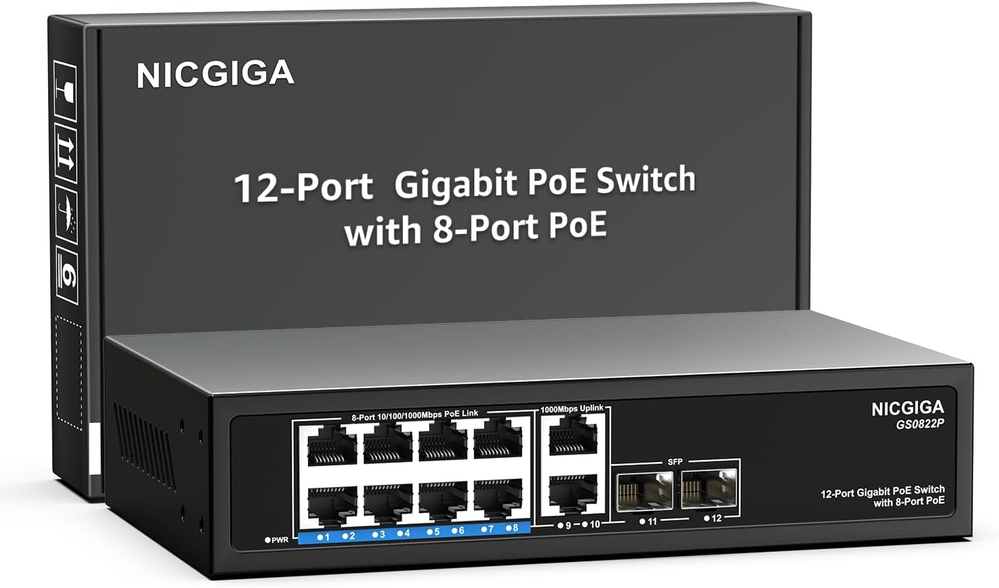 8-poorts Gigabit PoE Switch onbeheerd met 8-poorts IEEE802.3af/at PoE+@120W, 2x 1000Mbps uplink + 2x 1G SFP, 12-poorts netwerk power over Ethernet switch.