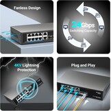 8-poorts Gigabit PoE Switch onbeheerd met 8-poorts IEEE802.3af/at PoE+@120W, 2x 1000Mbps uplink + 2x 1G SFP, 12-poorts netwerk power over Ethernet switch.