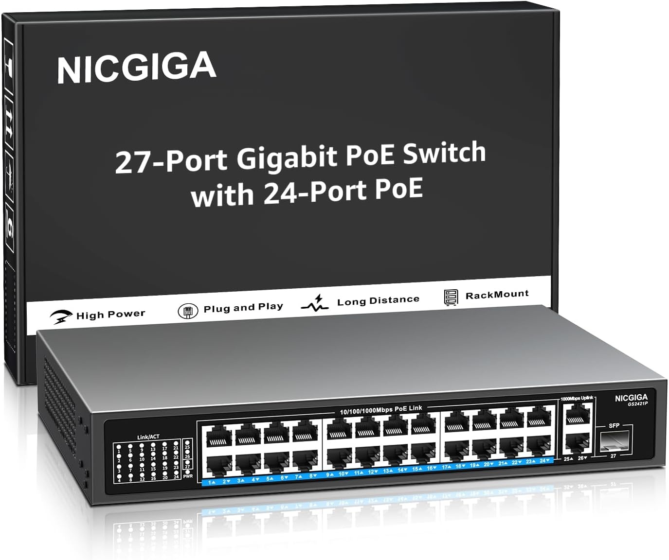 8-poorts Gigabit PoE Switch onbeheerd met 8-poorts IEEE802.3af/at PoE+@120W, 2x 1000Mbps uplink + 2x 1G SFP, 12-poorts netwerk power over Ethernet switch.