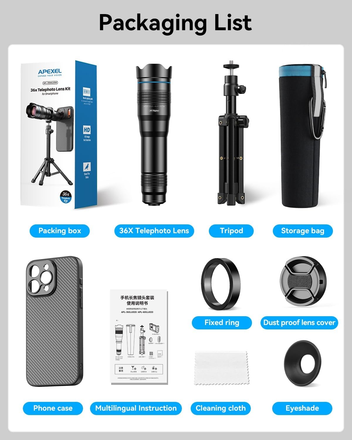 APEXEL Draagbare telelens met geïntegreerde beschermhoes voor iPhone 16 Pro – 36-voudige lens met statiefaansluiting - Maat 36X-16 Pro