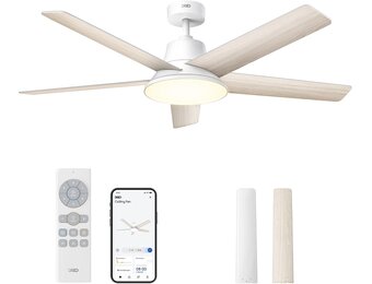 Dreo Smart Plafondventilator met licht, 132 cm, 12 snelheden, 3 modi, dimbare led met instelbare kleurtemperatuur, stille DC-motor, 12-uurs timer, app en Alexa-bediening, wit