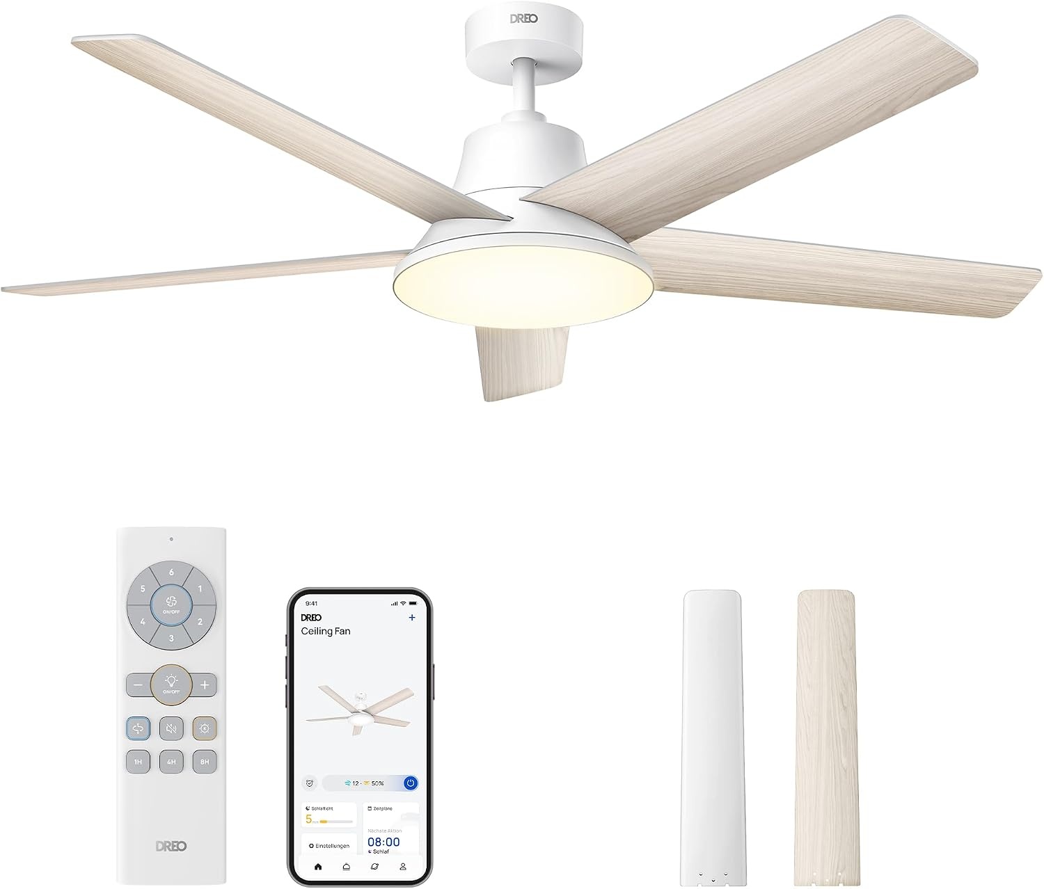 Dreo Smart Plafondventilator met licht, 132 cm, 12 snelheden, 3 modi, dimbare led met instelbare kleurtemperatuur, stille DC-motor, 12-uurs timer, app en Alexa-bediening, wit