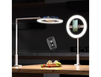 Telefoonhouder voor boven het hoofd met ringlicht, 10 inch verstelbaar ringlicht met standaard en telefoonhouder, overhead statief met afstandsbediening, iPhone/Android opvouwbare telefoonstandaard
