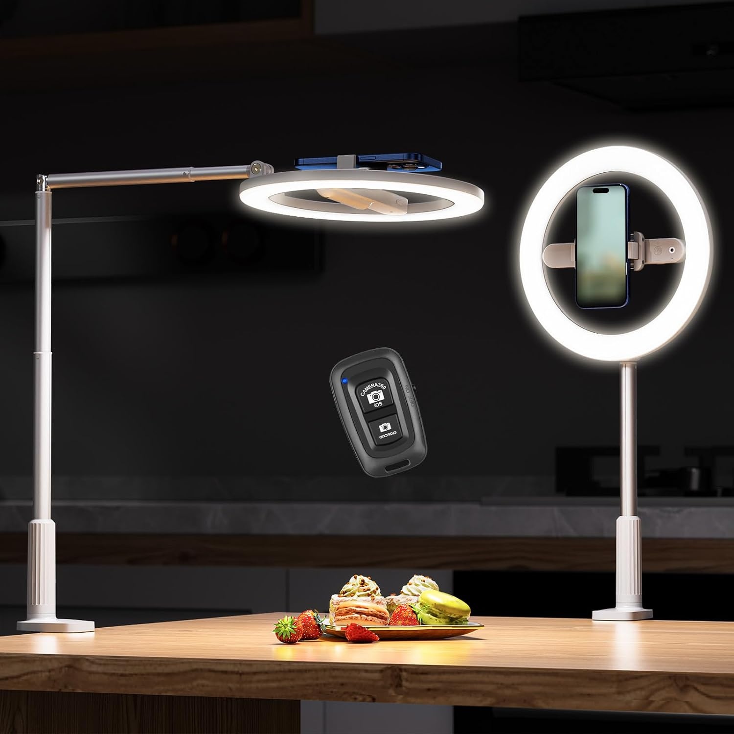 Telefoonhouder voor boven het hoofd met ringlicht, 10 inch verstelbaar ringlicht met standaard en telefoonhouder, overhead statief met afstandsbediening, iPhone/Android opvouwbare telefoonstandaard