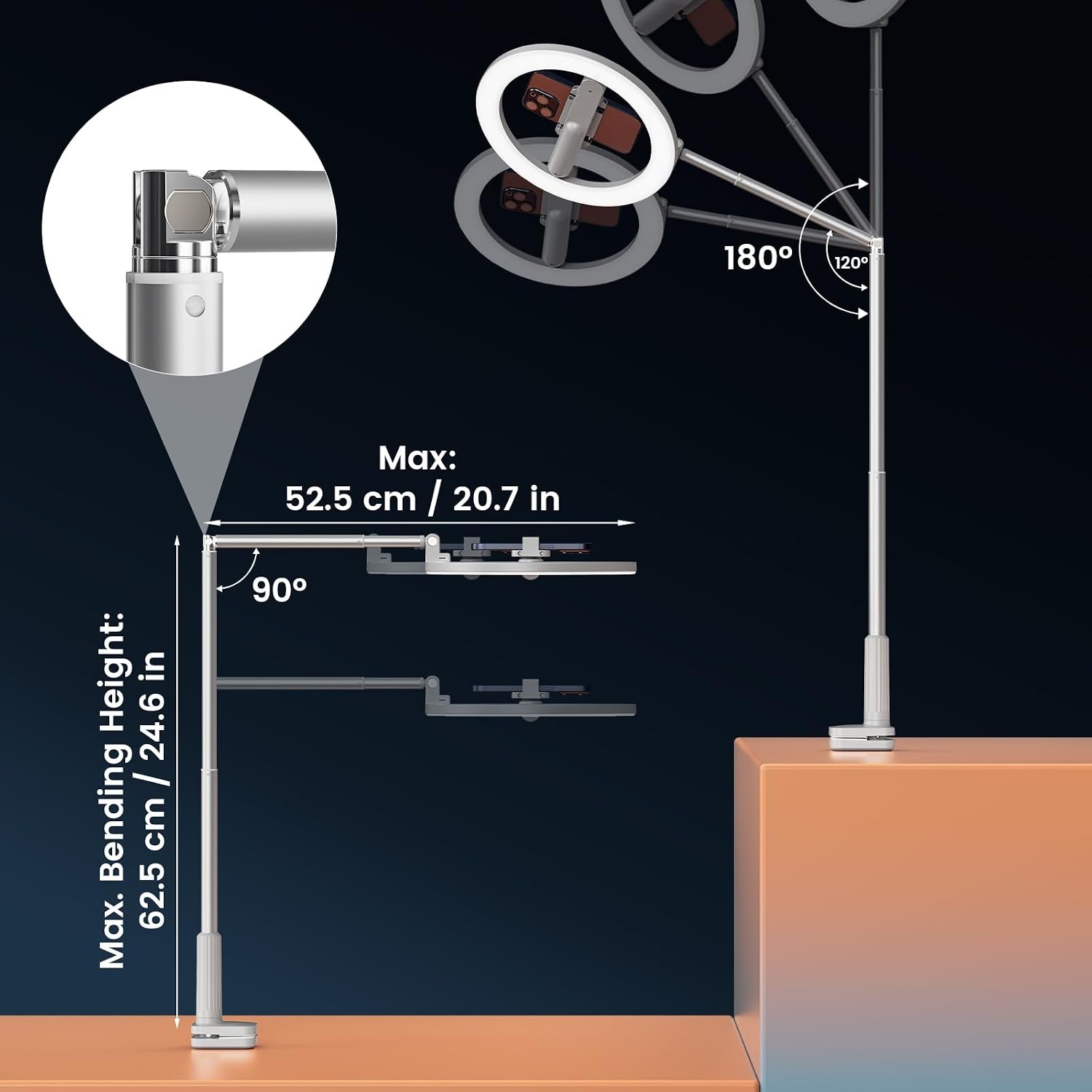 Telefoonhouder voor boven het hoofd met ringlicht, 10 inch verstelbaar ringlicht met standaard en telefoonhouder, overhead statief met afstandsbediening, iPhone/Android opvouwbare telefoonstandaard