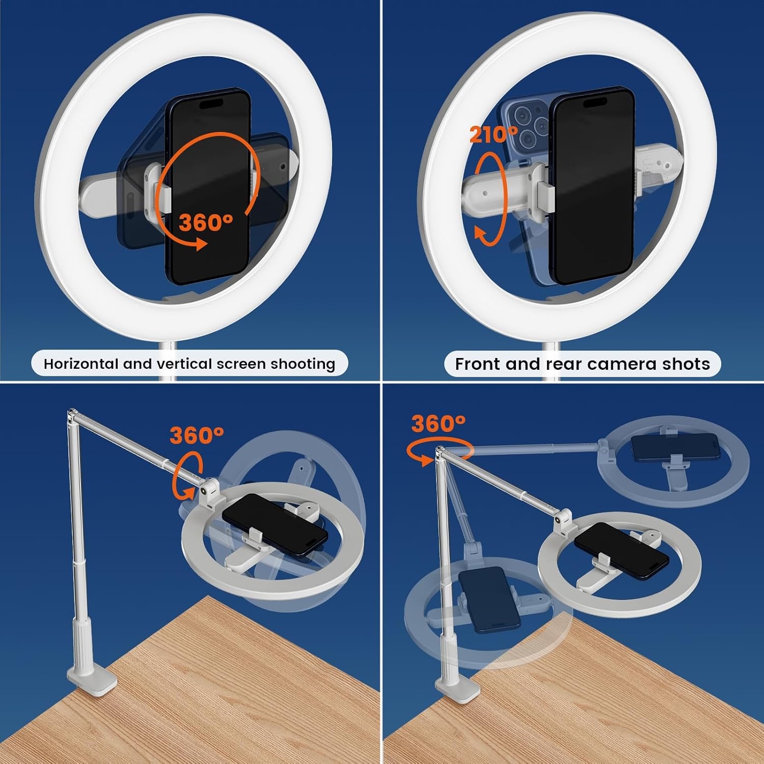Telefoonhouder voor boven het hoofd met ringlicht, 10 inch verstelbaar ringlicht met standaard en telefoonhouder, overhead statief met afstandsbediening, iPhone/Android opvouwbare telefoonstandaard