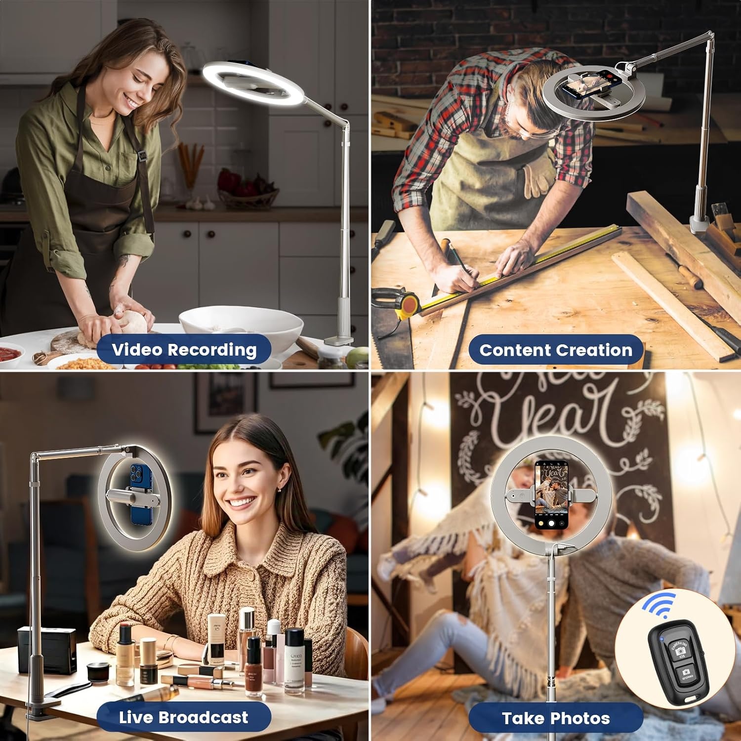 Telefoonhouder voor boven het hoofd met ringlicht, 10 inch verstelbaar ringlicht met standaard en telefoonhouder, overhead statief met afstandsbediening, iPhone/Android opvouwbare telefoonstandaard