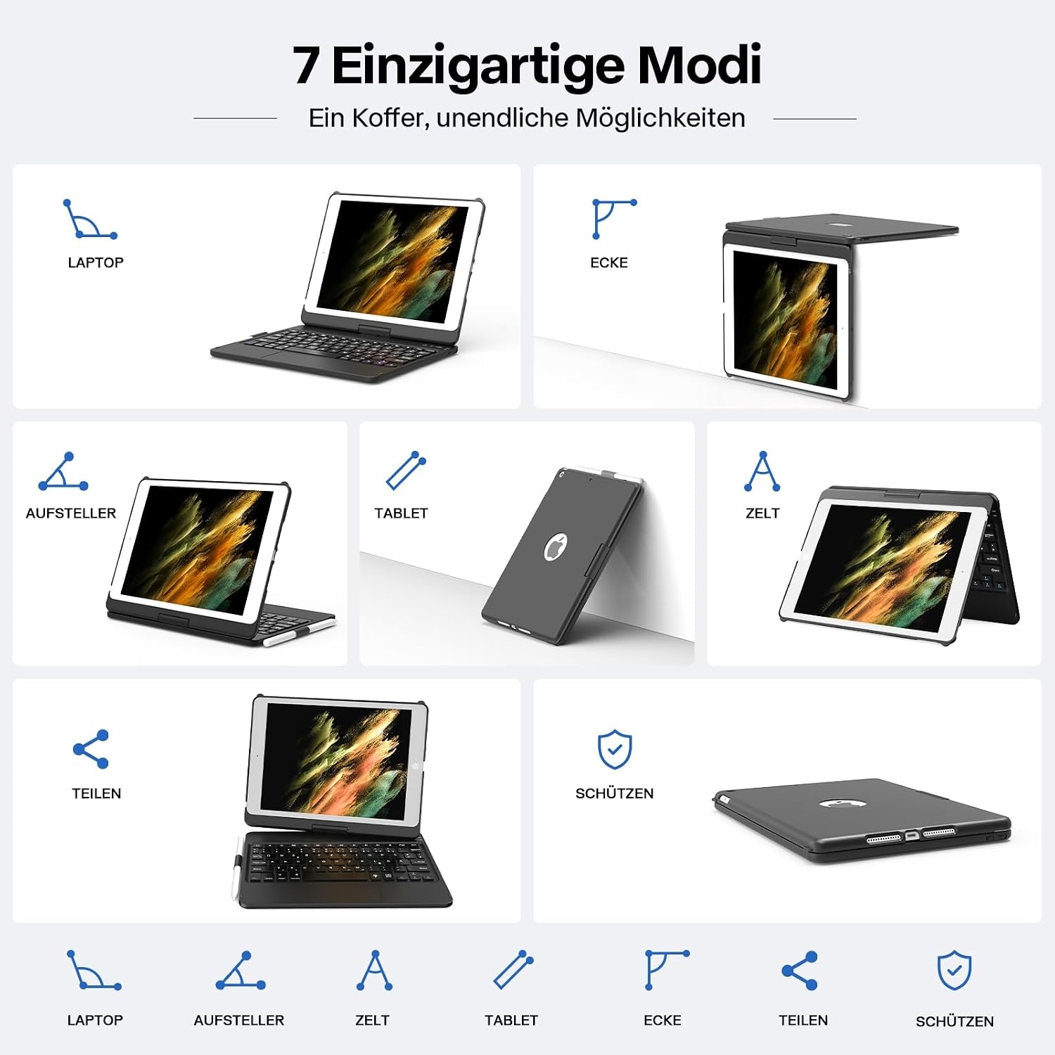 TQQ Toetsenbordhoes voor iPad 10,2 inch (7e, 8e en 9e generatie) met precisie-trackpad, notebook-achtig toetsenbord met 10-kleurige achtergrondverlichting, 360° draaibaar, Duitse QWERTZ-lay-out