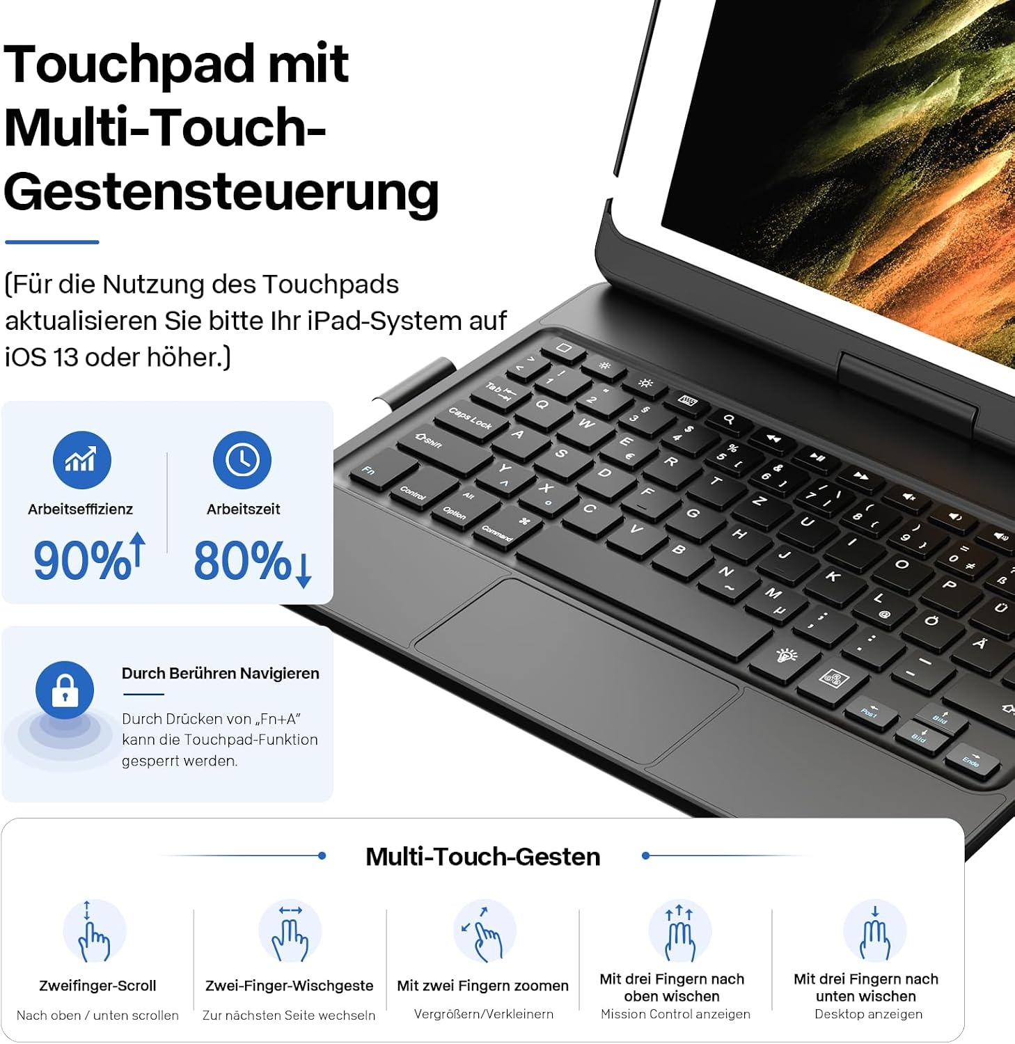 TQQ Toetsenbordhoes voor iPad 10,2 inch (7e, 8e en 9e generatie) met precisie-trackpad, notebook-achtig toetsenbord met 10-kleurige achtergrondverlichting, 360° draaibaar, Duitse QWERTZ-lay-out
