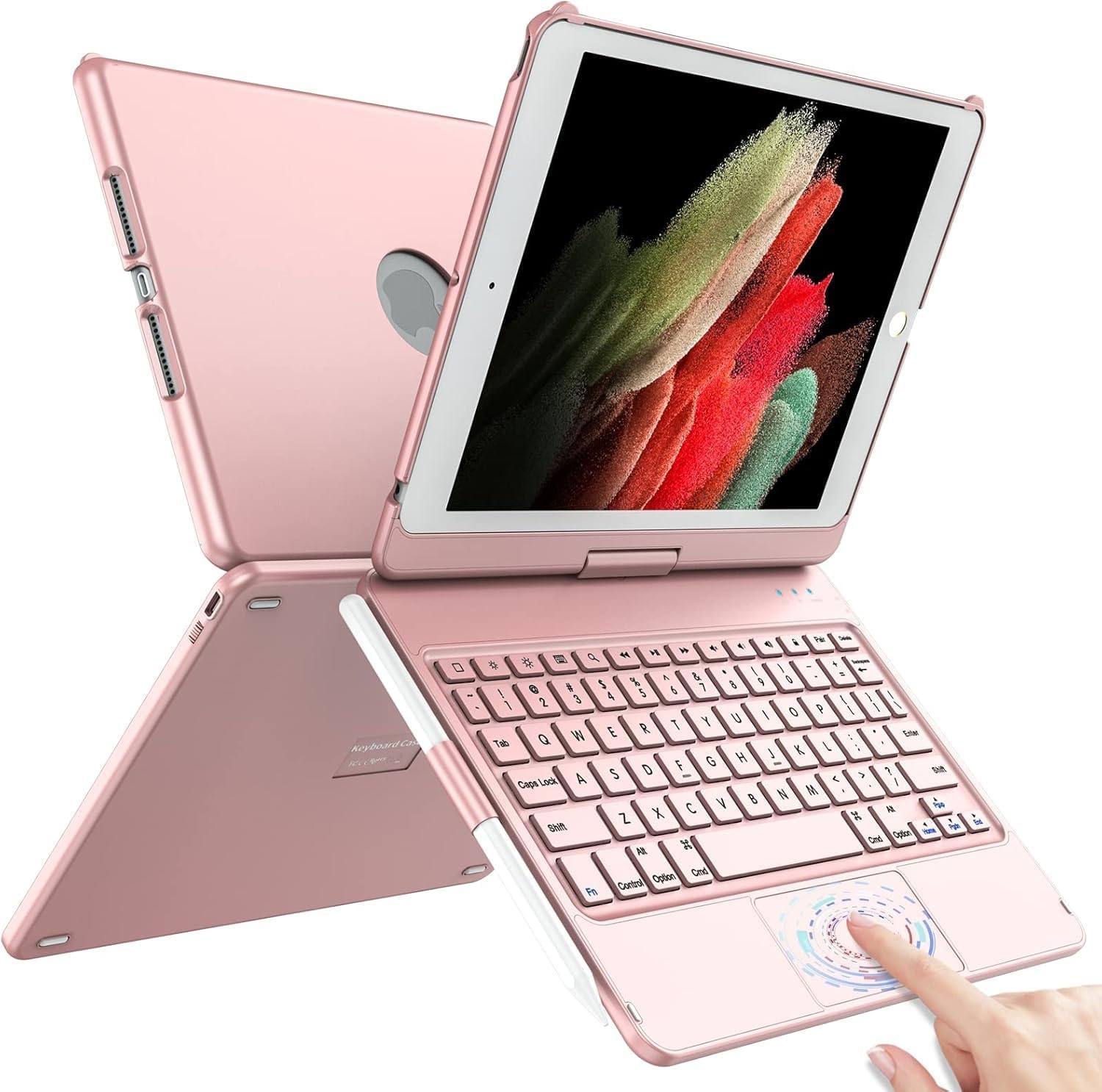 TQQ Toetsenbordhoes voor iPad 10,2 inch (7e, 8e en 9e generatie) met precisie-trackpad, notebook-achtig toetsenbord met 10-kleurige achtergrondverlichting, 360° draaibaar, Duitse QWERTZ-lay-out