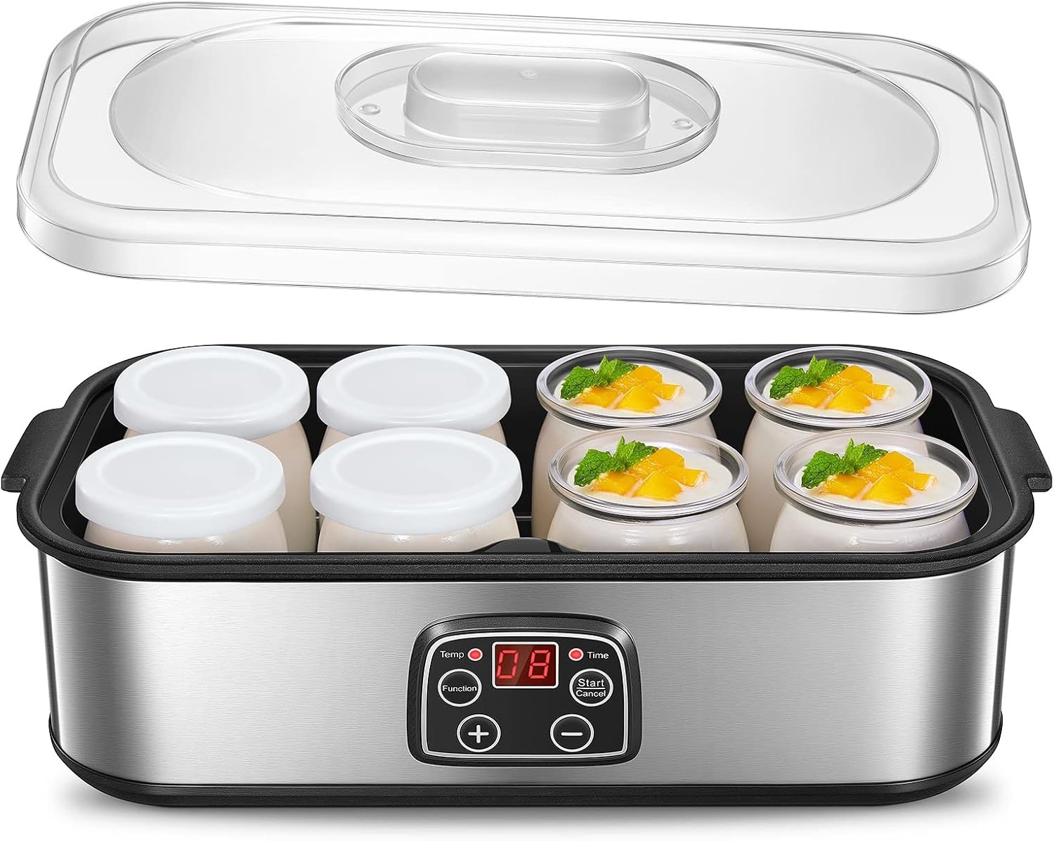 Yoghurtmaker, Griekse yoghurtmachine met 8 glazen/deksels, one-touch-display: perfect voor organische, gezoet, gearomatiseerde, eenvoudige of suikervrije opties voor baby's, kinderen en parfaits