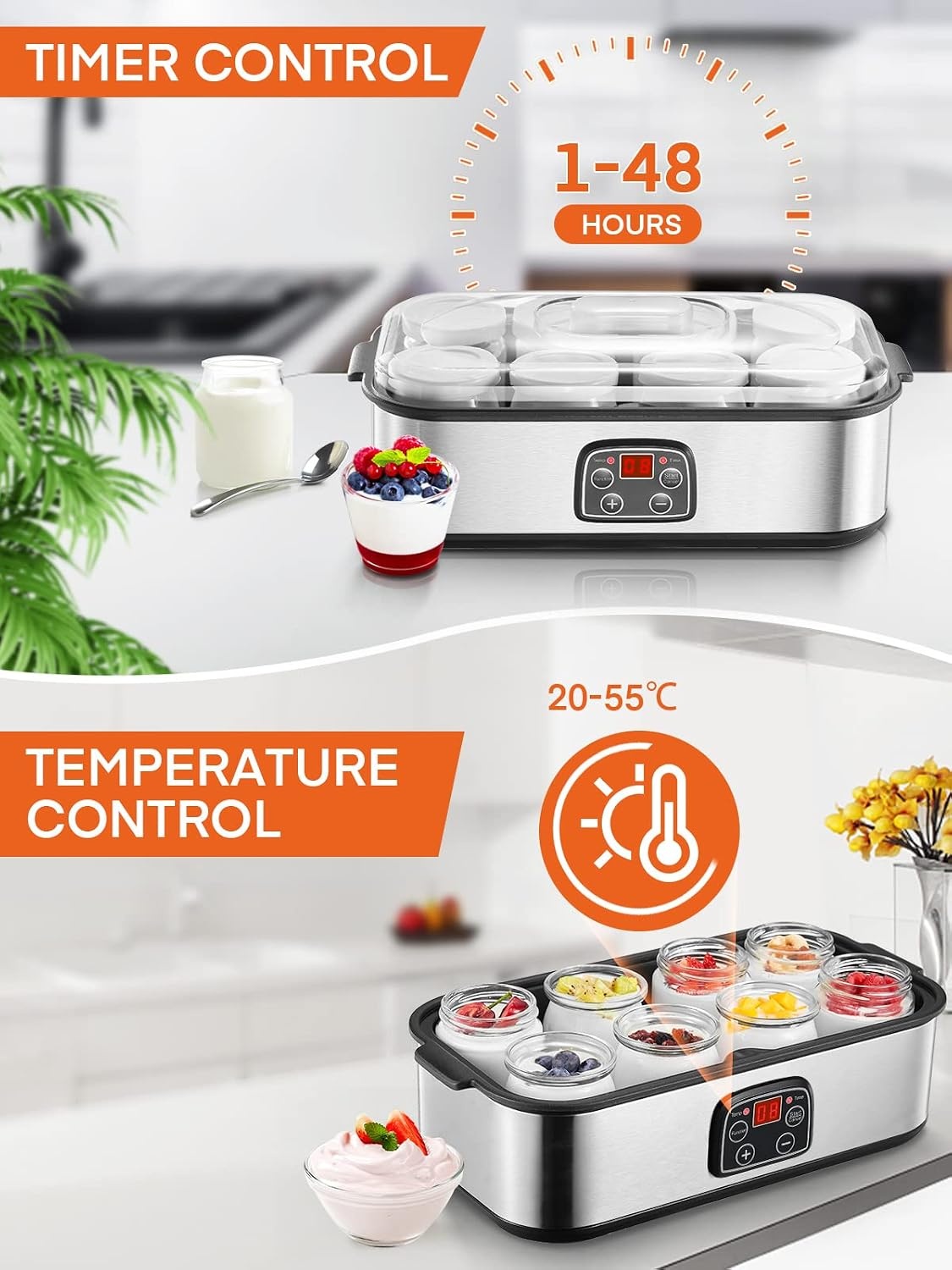 Yoghurtmaker, Griekse yoghurtmachine met 8 glazen/deksels, one-touch-display: perfect voor organische, gezoet, gearomatiseerde, eenvoudige of suikervrije opties voor baby's, kinderen en parfaits