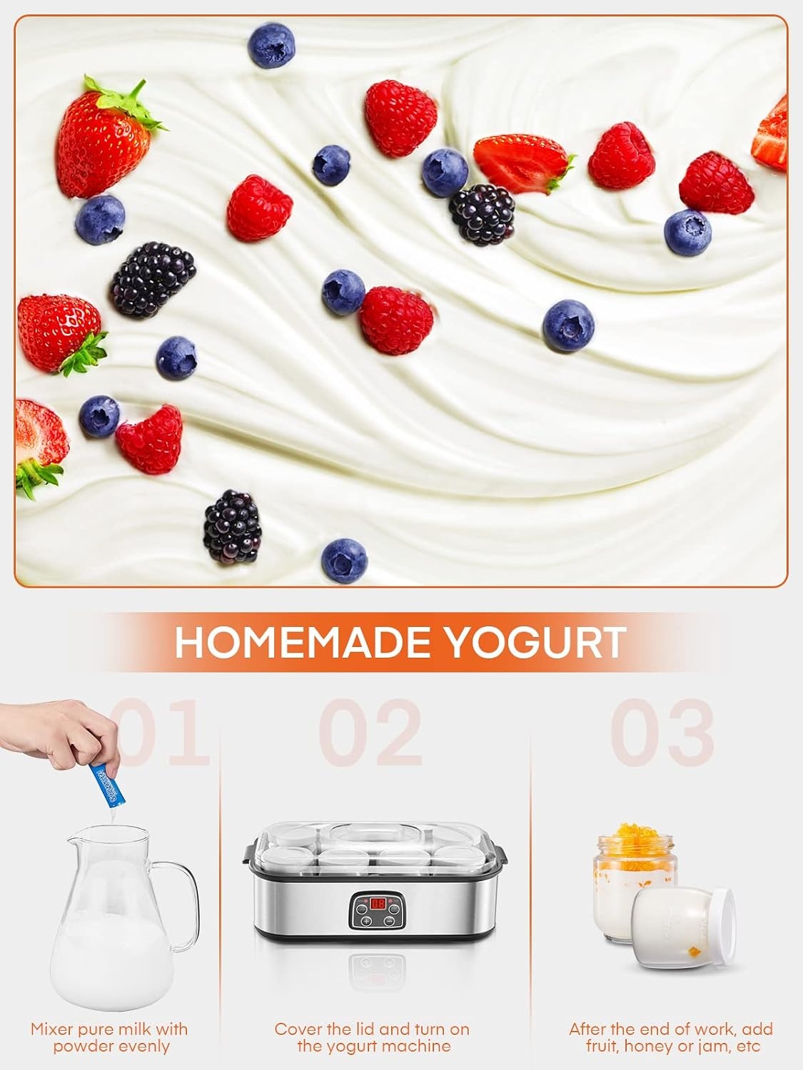 Yoghurtmaker, Griekse yoghurtmachine met 8 glazen/deksels, one-touch-display: perfect voor organische, gezoet, gearomatiseerde, eenvoudige of suikervrije opties voor baby's, kinderen en parfaits