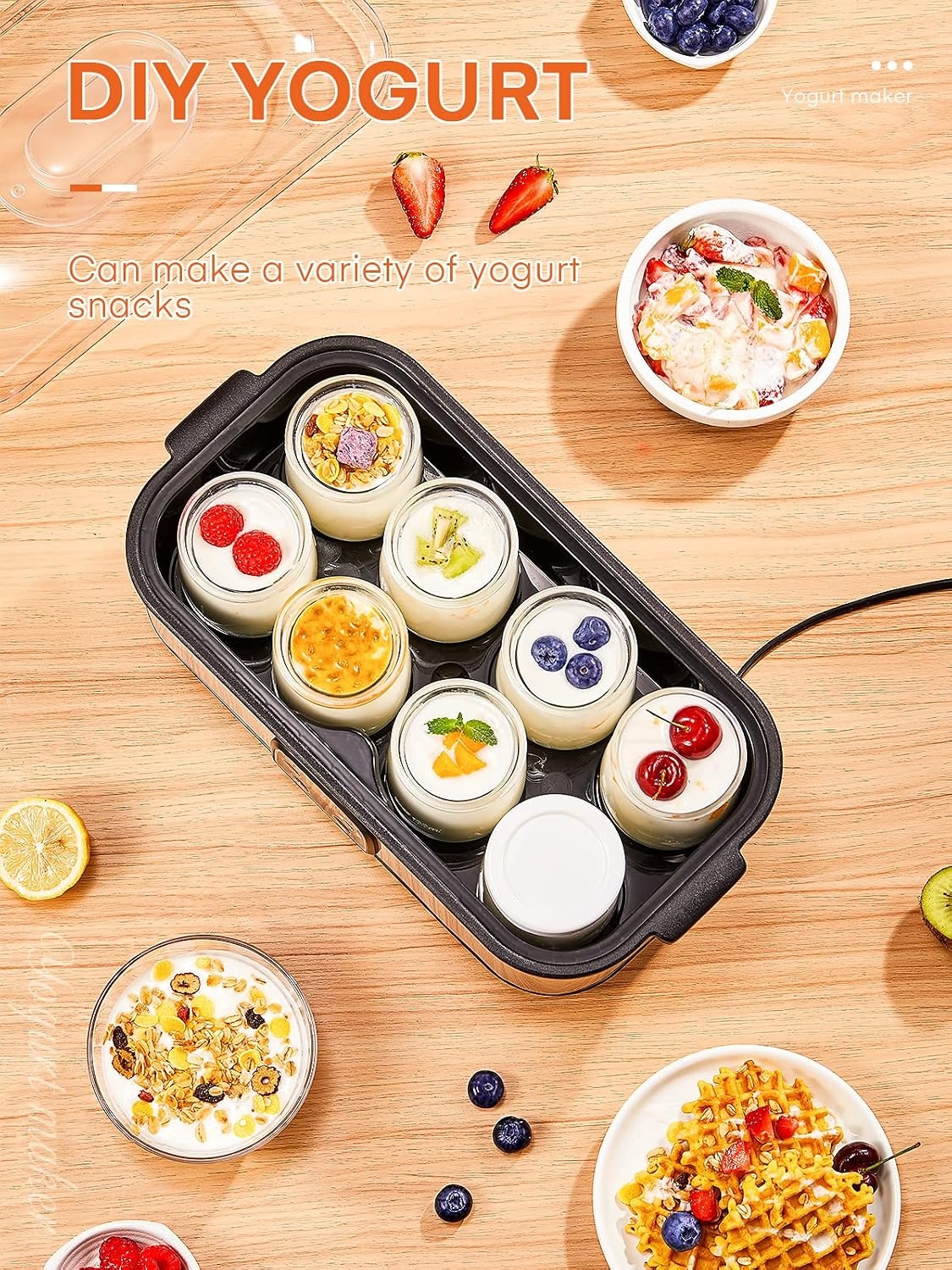Yoghurtmaker, Griekse yoghurtmachine met 8 glazen/deksels, one-touch-display: perfect voor organische, gezoet, gearomatiseerde, eenvoudige of suikervrije opties voor baby's, kinderen en parfaits