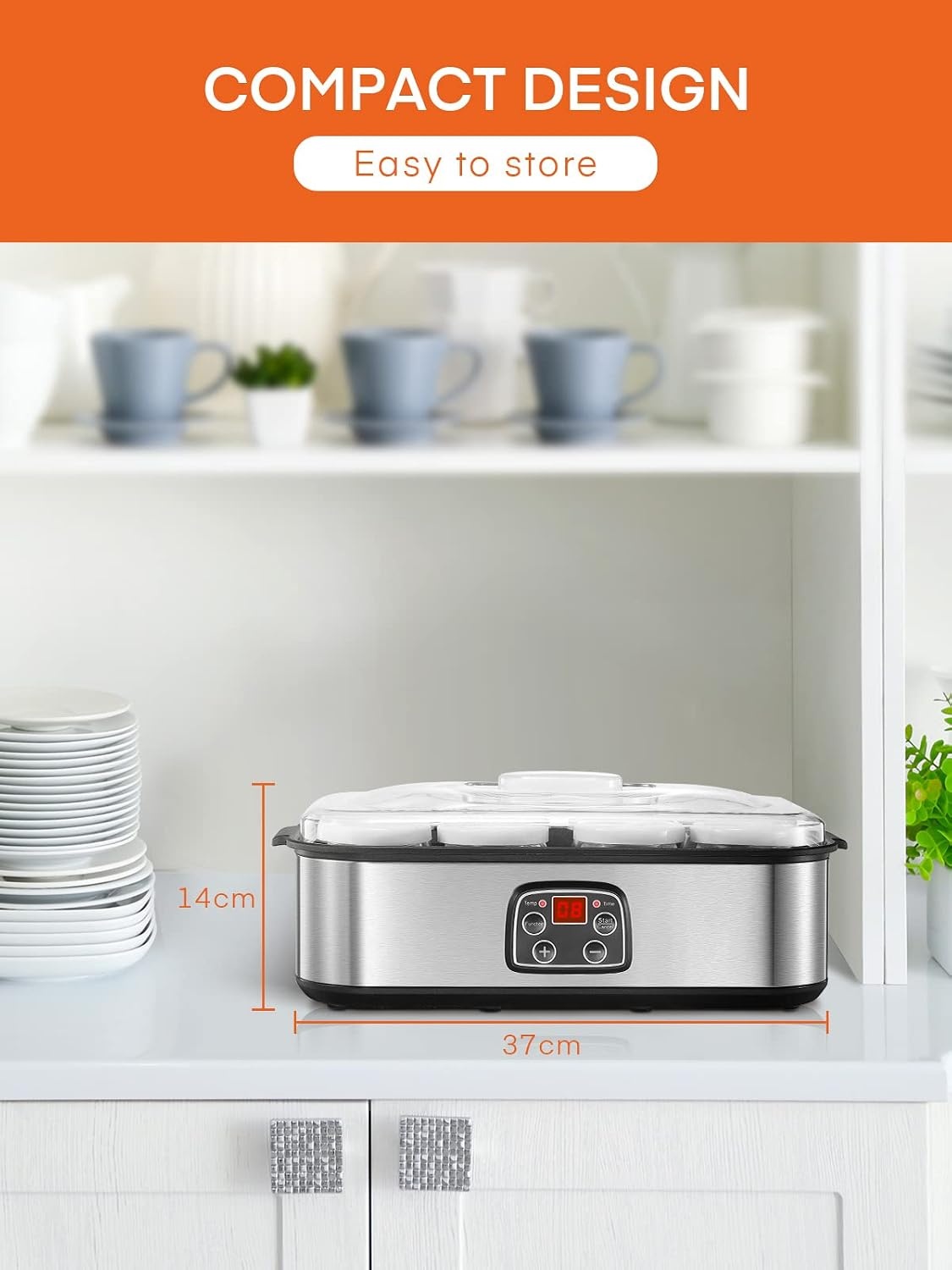 Yoghurtmaker, Griekse yoghurtmachine met 8 glazen/deksels, one-touch-display: perfect voor organische, gezoet, gearomatiseerde, eenvoudige of suikervrije opties voor baby's, kinderen en parfaits