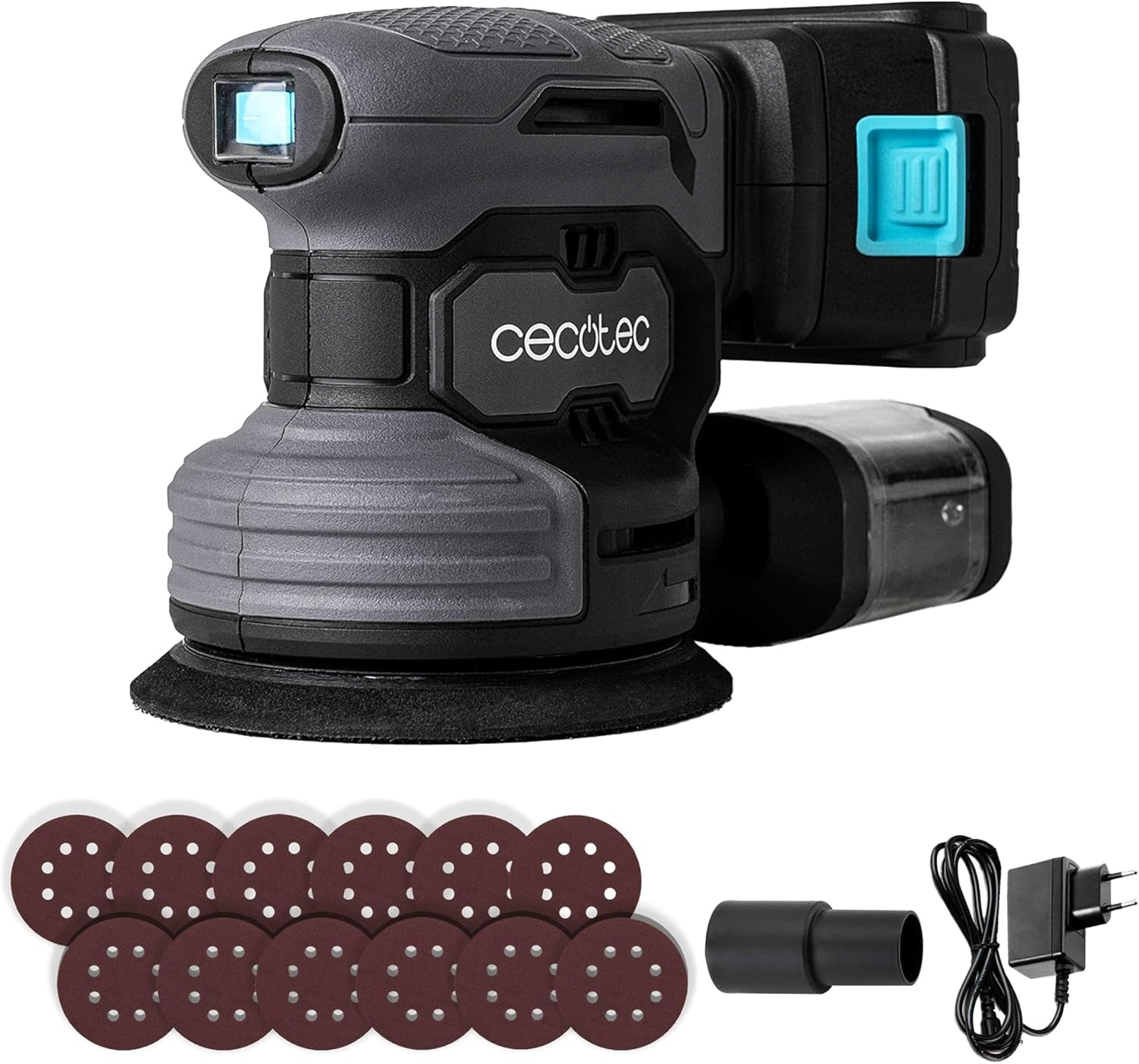 Cecotec PerfectSurface 2120 Draaischuurmachine, met accu, 21 V en 2000 mAh, 13000 omw/min, 12 reserveonderdelen, stofreservoir, aansluiting voor stofzuiger, dubbele excentrische beweging, 26.000