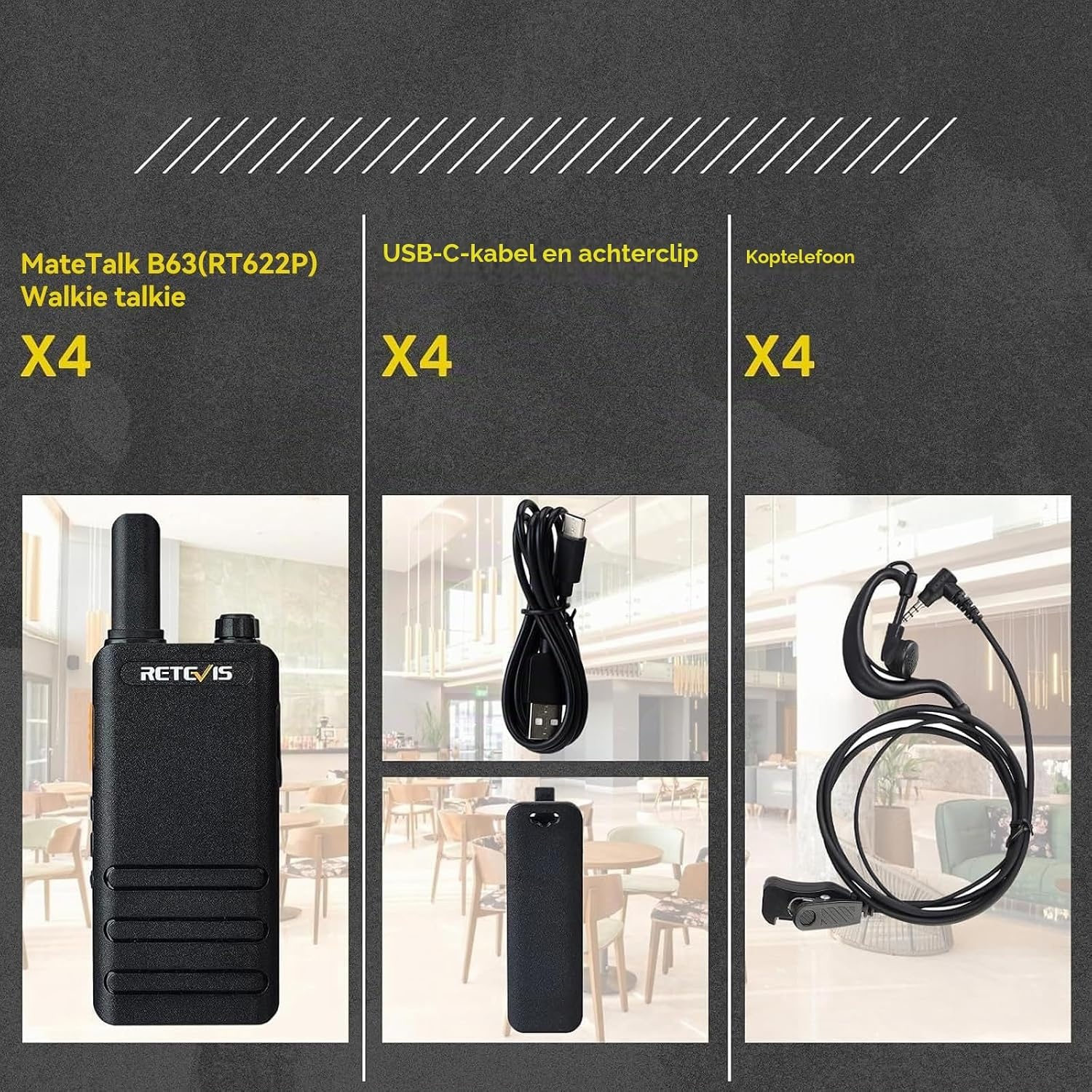 Retevis RT622P Walkie Talkie Mini, 15 mm Ultradun, USB-C Oplaadbare Portofoon 1620 mAh Batterij, VOX, Professionele Restaurant Walkie Talkies Draagbaar met Oortjes (4 Stuks, Zwart)