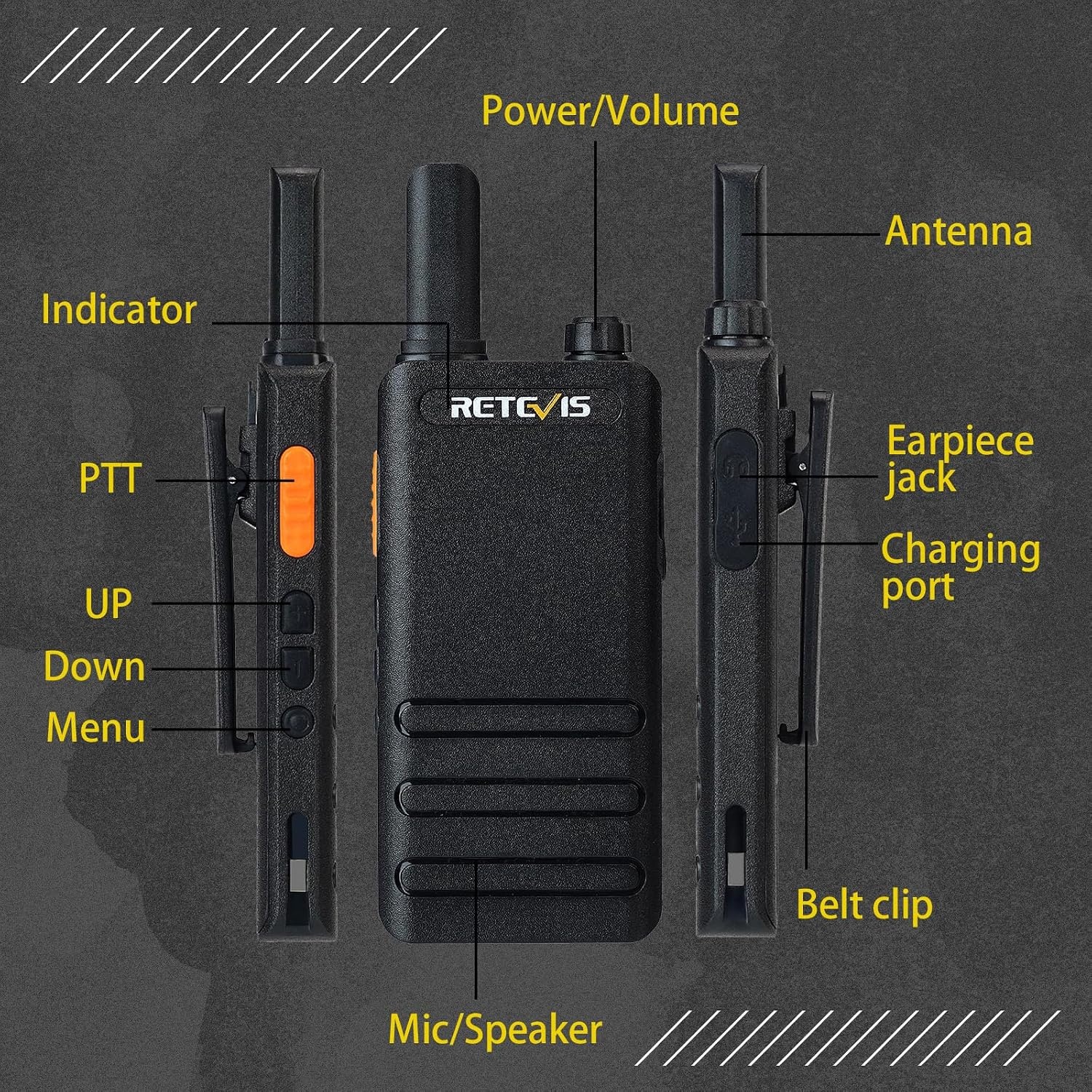 Retevis RT622P Walkie Talkie Mini, 15 mm Ultradun, USB-C Oplaadbare Portofoon 1620 mAh Batterij, VOX, Professionele Restaurant Walkie Talkies Draagbaar met Oortjes (4 Stuks, Zwart)