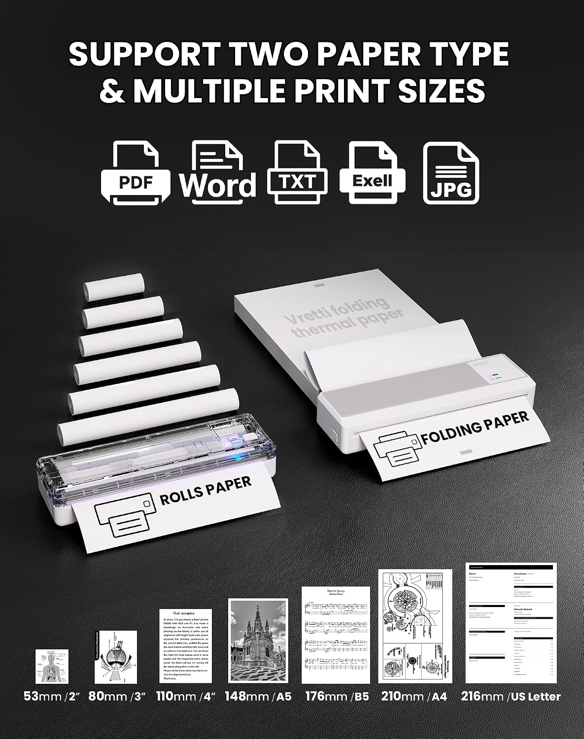 vretti P83 mobiele printer A4 voor onderweg, thermische printer A4, compatibel met Android en iOS, mobiele printer ondersteunt 210 x 297 mm, A4 thermisch papier voor thuis, kantoor, foto