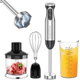 Bonsenkitchen Pureerstaaf, 4-en-1 staafmixer elektrisch, 1000 W, traploze snelheden, roestvrij staal, garde, 500 ml hakbeker en 700 ml maatbeker voor babyvoeding, HB3203 (zwart)