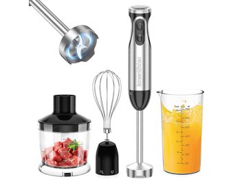 Bonsenkitchen Pureerstaaf, 4-en-1 staafmixer elektrisch, 1000 W, traploze snelheden, roestvrij staal, garde, 500 ml hakbeker en 700 ml maatbeker voor babyvoeding, HB3203 (zwart)