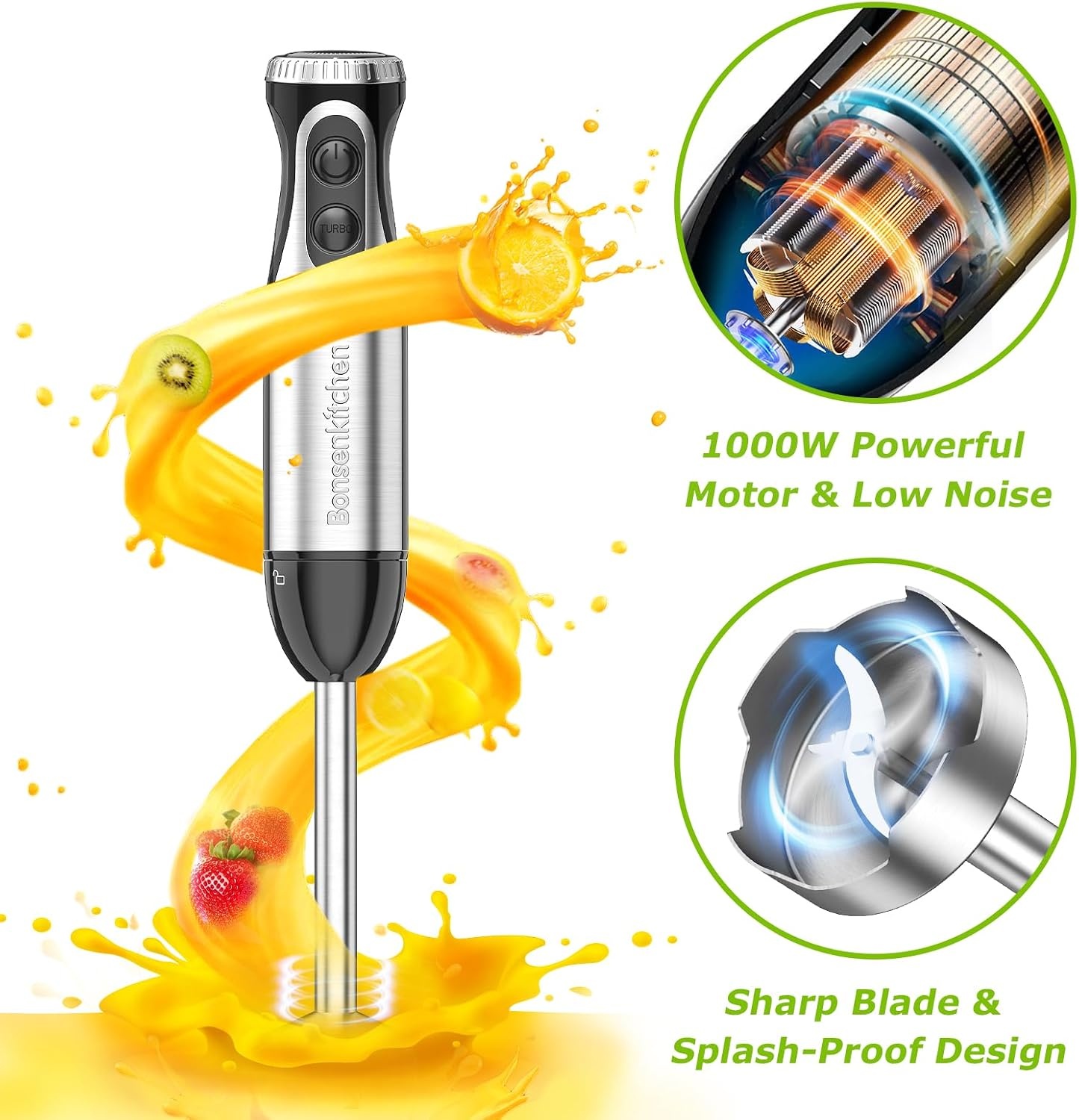 Bonsenkitchen Pureerstaaf, 4-en-1 staafmixer elektrisch, 1000 W, traploze snelheden, roestvrij staal, garde, 500 ml hakbeker en 700 ml maatbeker voor babyvoeding, HB3203 (zwart)