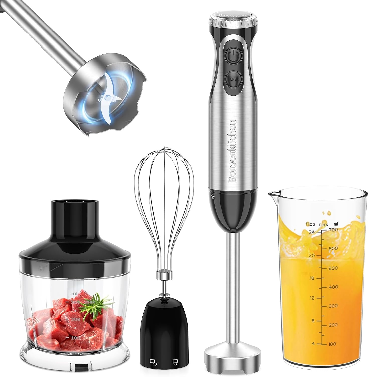 Bonsenkitchen Pureerstaaf, 4-en-1 staafmixer elektrisch, 1000 W, traploze snelheden, roestvrij staal, garde, 500 ml hakbeker en 700 ml maatbeker voor babyvoeding, HB3203 (zwart)