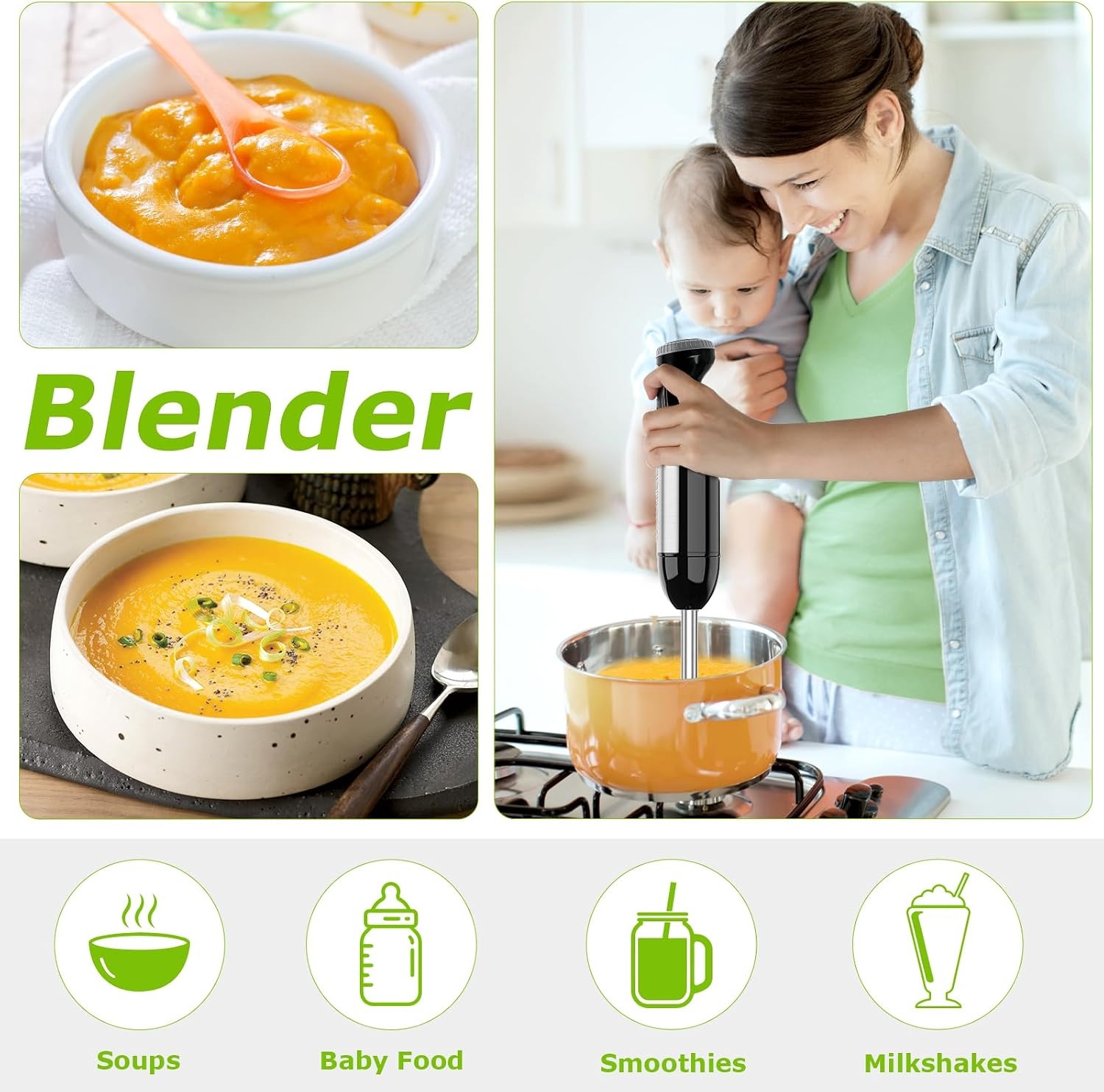 Bonsenkitchen Pureerstaaf, 4-en-1 staafmixer elektrisch, 1000 W, traploze snelheden, roestvrij staal, garde, 500 ml hakbeker en 700 ml maatbeker voor babyvoeding, HB3203 (zwart)