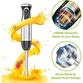 Bonsenkitchen Pureerstaaf, 4-en-1 staafmixer elektrisch, 1000 W, traploze snelheden, roestvrij staal, garde, 500 ml hakbeker en 700 ml maatbeker voor babyvoeding, HB3203 (zwart)