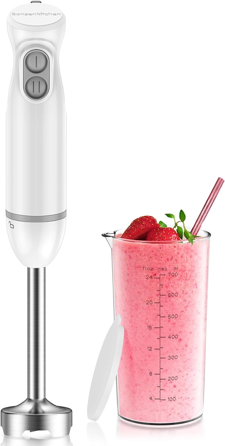 Bonsenkitchen Pureerstaaf, 4-en-1 staafmixer elektrisch, 1000 W, traploze snelheden, roestvrij staal, garde, 500 ml hakbeker en 700 ml maatbeker voor babyvoeding, HB3203 (zwart)