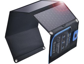 BigBlue 28W Solar Charger Opvouwbaar met Digitale Ammeter, Outdoor Zonne-energie Oplader Met Zonnepanelen Dubbele USB-poorten (5V/4A Algemeen) voor iPhone iPad Samsung Galaxy LG mobiele - Maat 28W