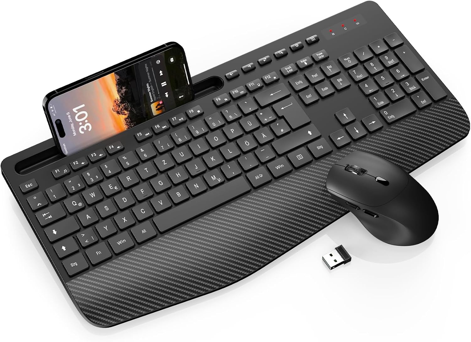 Wireless Keyboard and Mouse Combo, Full-Size Ergonomic Keyboard with Wrist Rest, Phone Holder, Sleep Mode, Silent 2.4GHz Cordless Set for Computer, Laptop, PC, Mac, Windows (Black) (Deep Black)