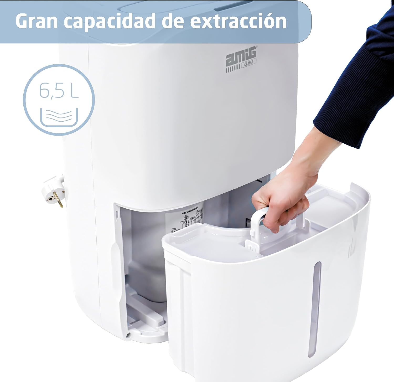 Amig - MIST luchtontvochtiger - Capaciteit 20 liter per dag - Verwijderbaar reservoir van 6,5 liter - Vochtigheidsregeling en timer - 36 x 28 x 56 cm - 260 W - Dekking 165 m³/u - Stil 45 dB - Maat 20 L