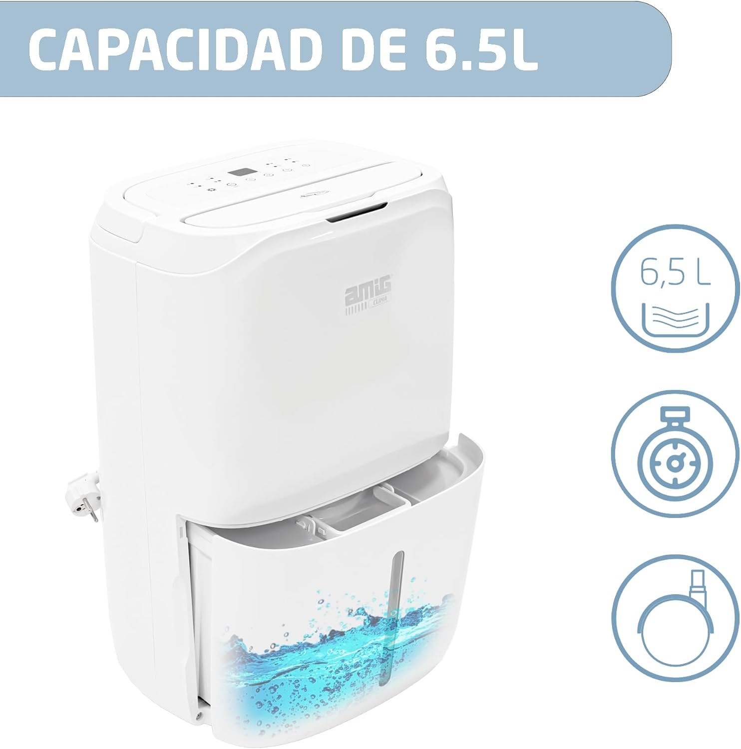 Amig - MIST luchtontvochtiger - Capaciteit 20 liter per dag - Verwijderbaar reservoir van 6,5 liter - Vochtigheidsregeling en timer - 36 x 28 x 56 cm - 260 W - Dekking 165 m³/u - Stil 45 dB - Maat 20 L