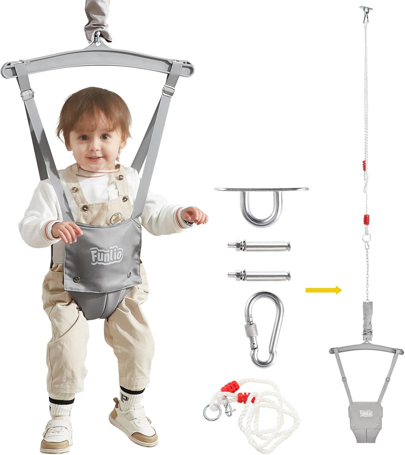 Babydeurhopper Grijs 6-24m | Met Plafondhaak & Verstelbare Ketting | 34% Korting