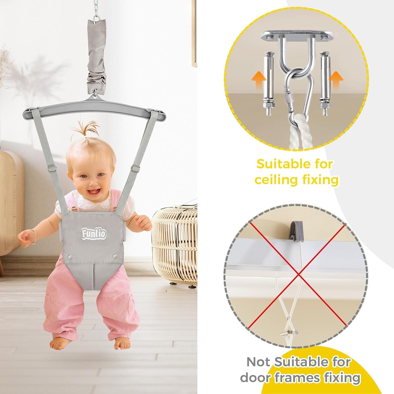 Babydeurhopper Grijs 6-24m | Met Plafondhaak & Verstelbare Ketting | 34% Korting