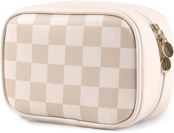 Geruite Make-up Tas Vrouwen - Vegan Leer, Waterdicht, Meerdere Vakken - Bruin - 28% Korting