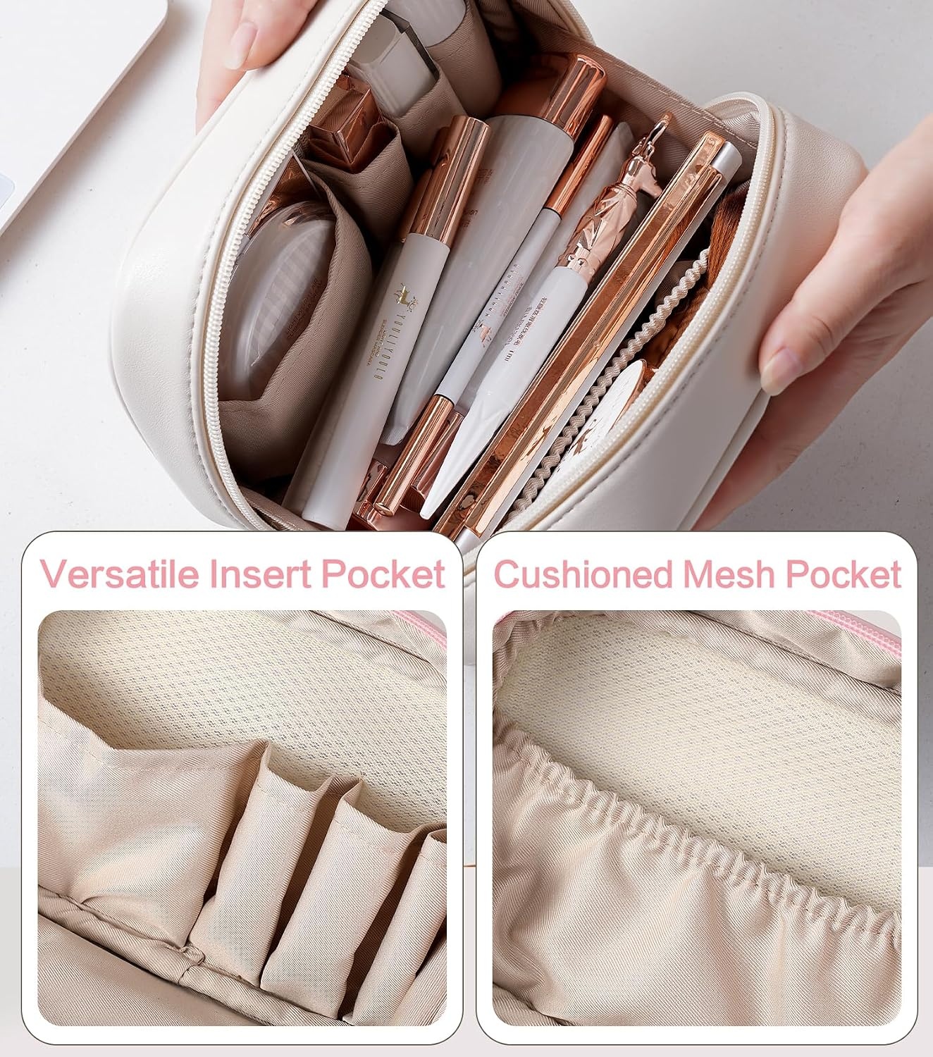 Geruite Make-up Tas Vrouwen - Vegan Leer, Waterdicht, Meerdere Vakken - Bruin - 28% Korting